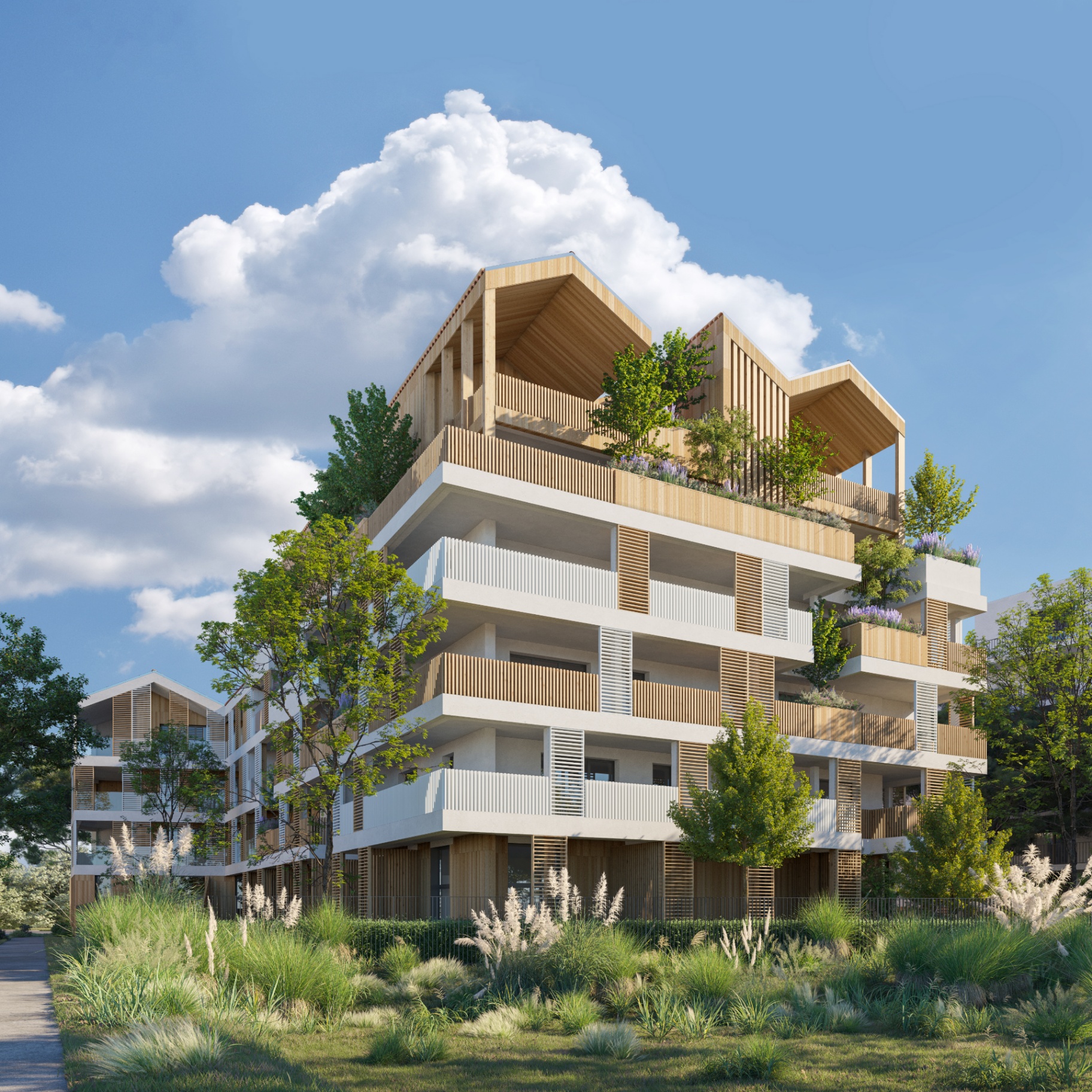 Résidence BABYLONE – Architecture contemporaine à La Rochelle Rompsay Façade extérieure de la résidence BABYLONE à La Rochelle Rompsay, architecture contemporaine bois et béton avec balcons et terrasses végétalisées
